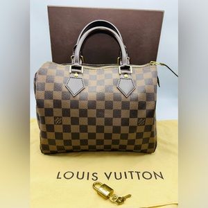 Authentic Louis Vuitton Damier Ebene Speedy 25 Hand Bag With Lock And Box Minty!